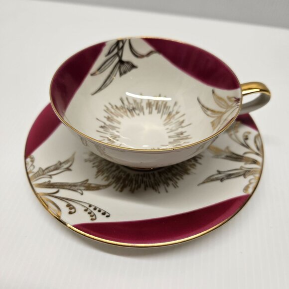 Gebruder Winterling Porcelain Tea Cup & Saucer Set Maroon Gold Floral Design MCM - Picture 2 of 8